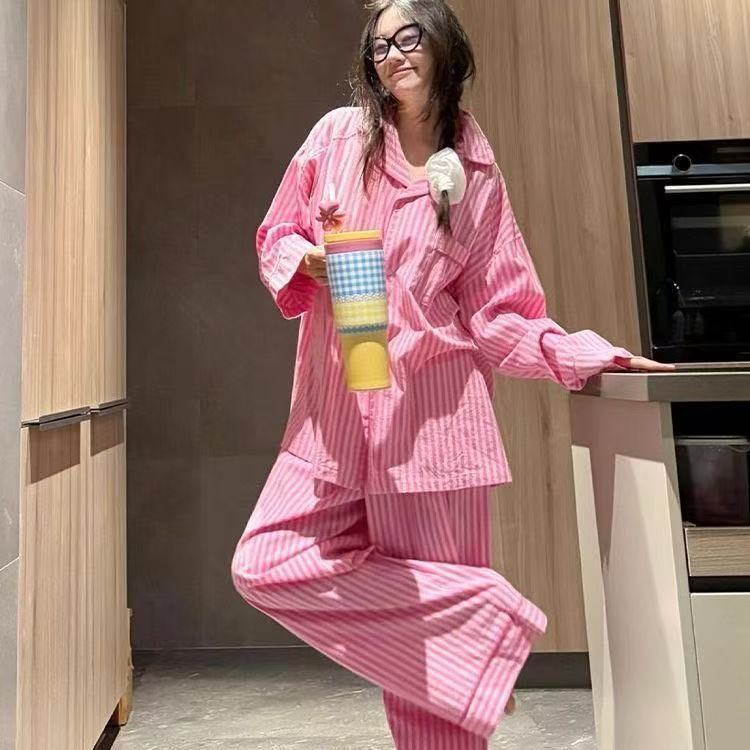 Striped Long-sleeved Pajamas Women's Long-pants Set For Home Use
