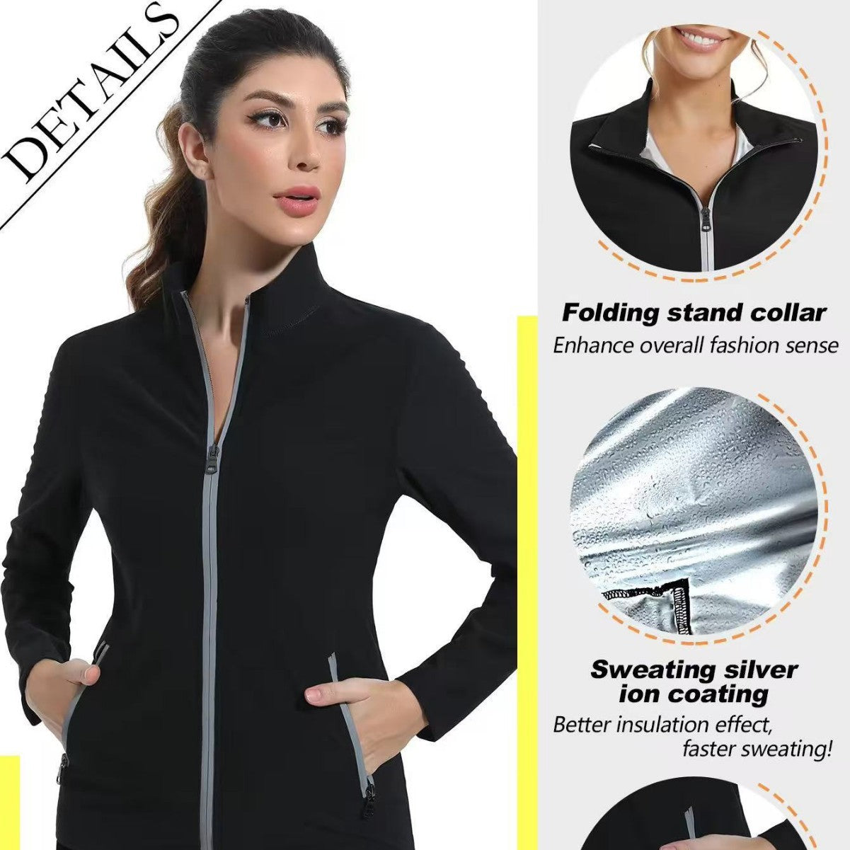 Womens Fitness Sweaty Workout Suit With Silver-Coated Stand Collar Cardigan