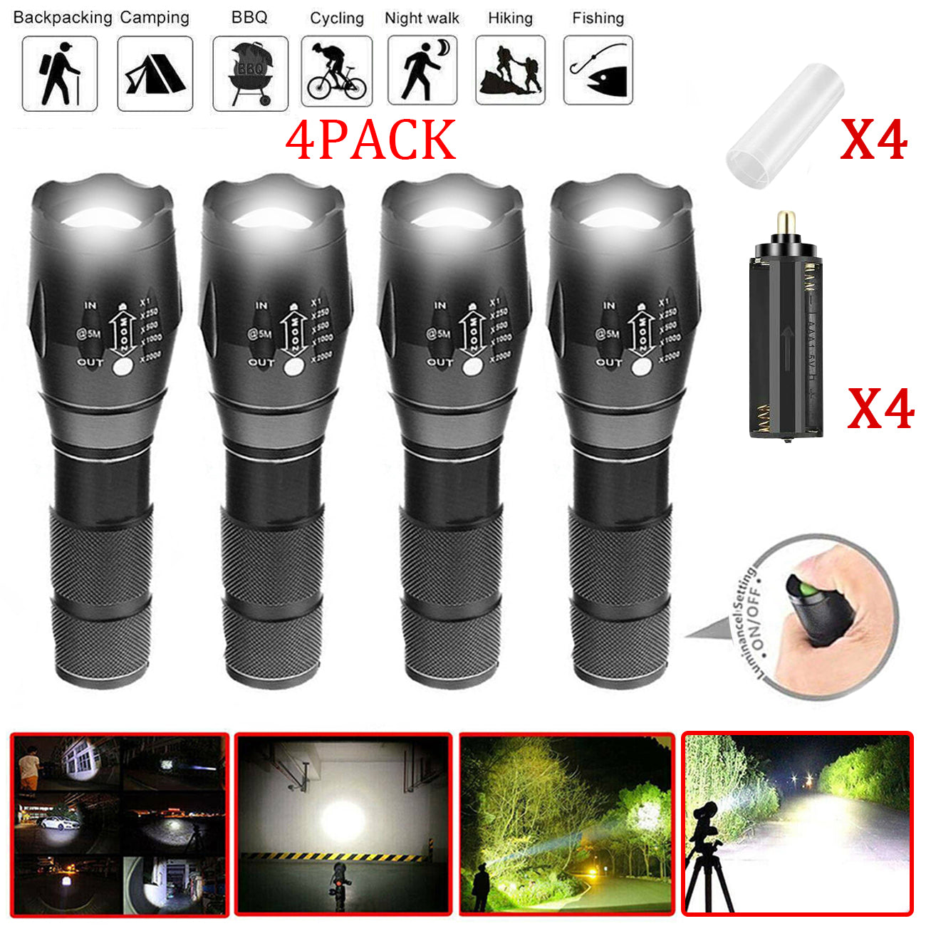 4 Pack High Powered LED Flashlight Super Bright Work Light Torch Camping Lamp