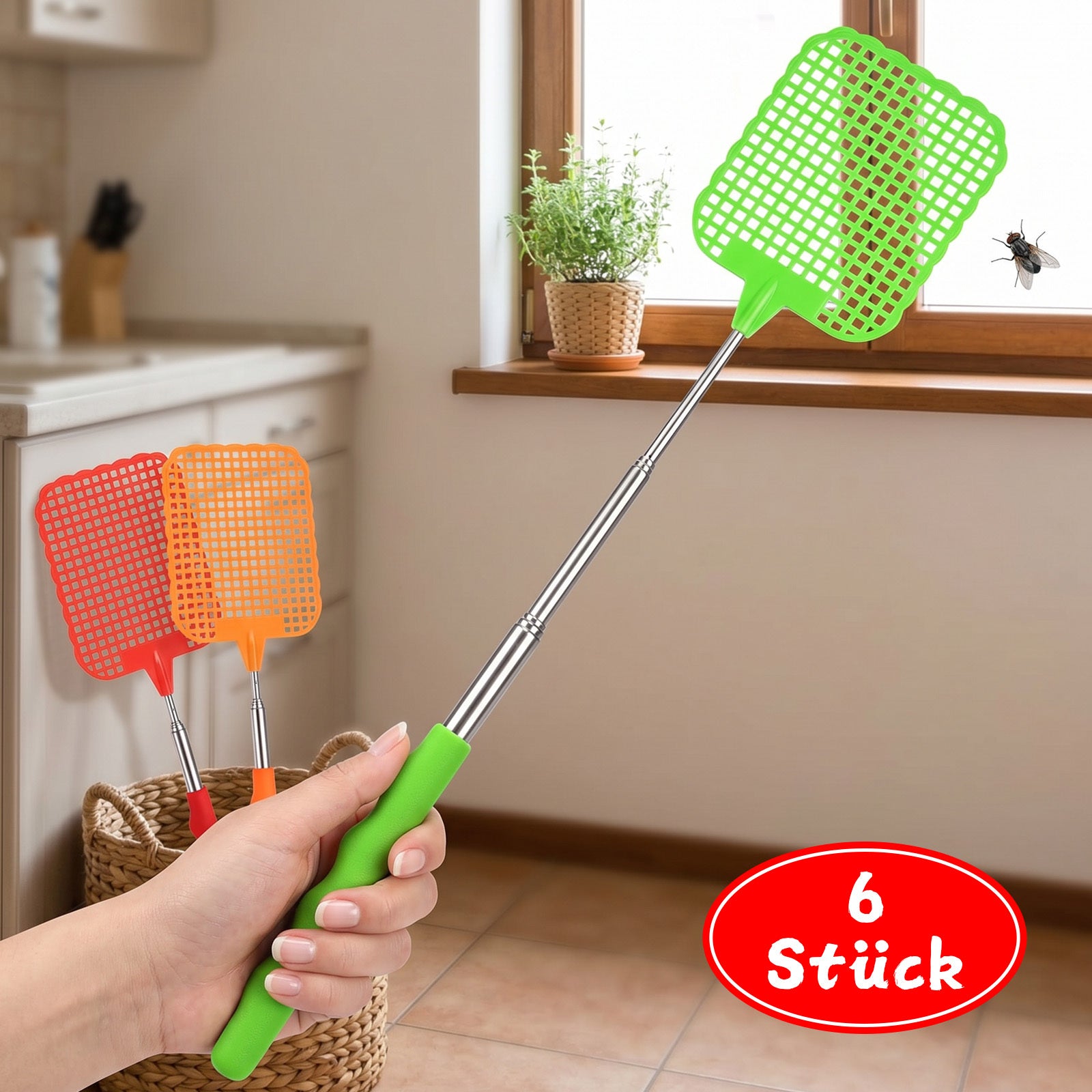 Set Of 6 Fly Swatters: 2 Red + 2 Orange + 2 Green Retractable Insect Traps For Home, Events, And Parties